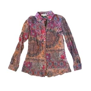 Johnny Was 3J Workshop Silk/Cotton Blend Button Up and Back Boho Pattern Blouse